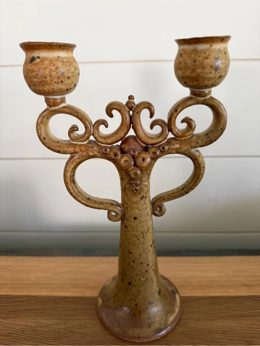 Vintage Studio Pottery Candleabra Brown Speckle